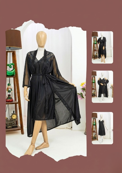 Premium Silk 2-Piece Bridal Nightwear Set - Elegant Lace Embroidery Sleepwear Free Size Sku:R-017 - Black