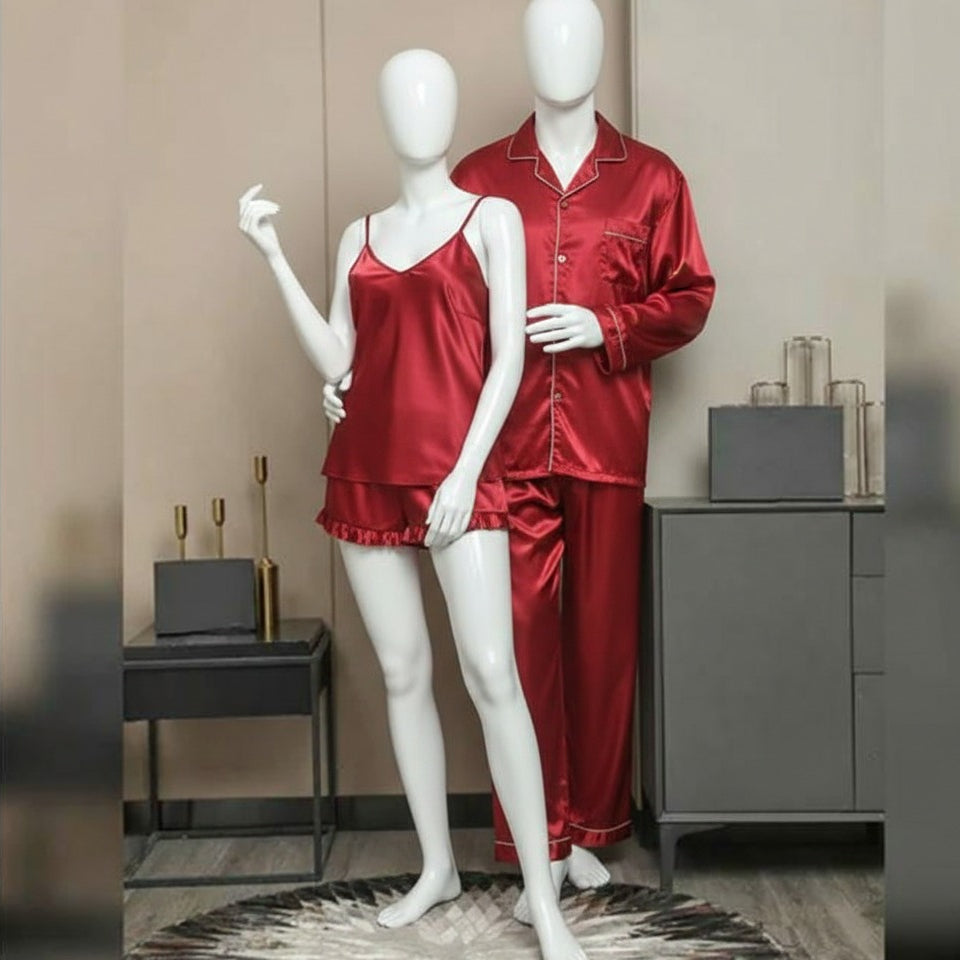Premium Satin Silk Couple Night Suit Pajama / Short Set – Matching Luxury Nightwear for Men & Women (4 Pcs) | SKU: DC-C010 ~ Black