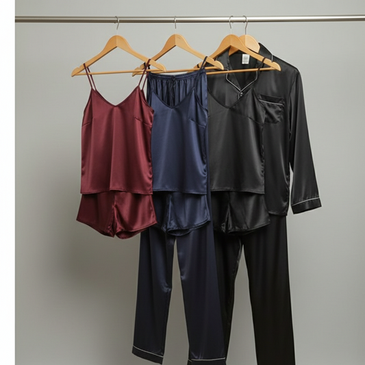 Premium Satin Silk Couple Night Suit Pajama / Short Set – Matching Luxury Nightwear for Men & Women (4 Pcs) | SKU: DC-C010 ~ Black