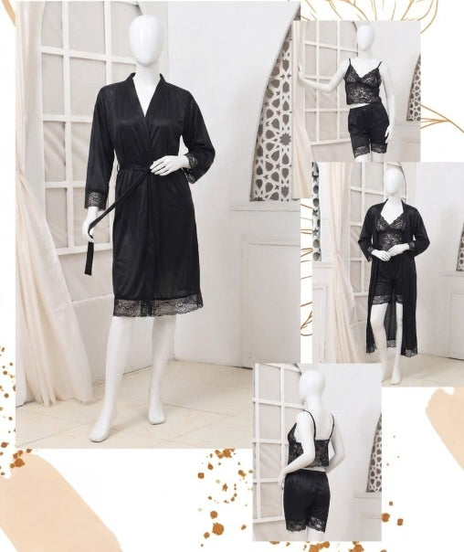 Women's Luxury Silk Nightwear Set with Black Lace – 3 Piece Robe & Slip Dress SKU R-011 (Color Black Free Size)