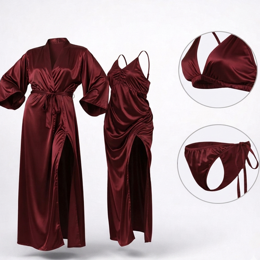 Burgundy Silk Satin 4-Piece Lingerie & Nightwear Set for Women – Luxury Soft Satin Sleepwear, Free Size Sku R005B (black)