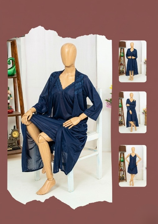 Premium Silk 2-Piece Bridal Nightwear Set - Elegant Lace Embroidery Sleepwear Free Size Sku:R-017 - Black
