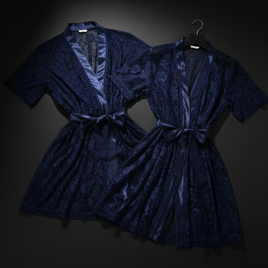 Couple Matching Romantic Robe / Gown Set – Sensual Net Nightwear for Men & Women (Pack of 2) | SKU: DC-C004 | Black