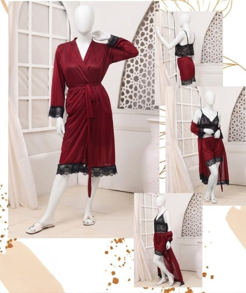 Women's Luxury Silk Nightwear Set with Black Lace – 3 Piece Robe & Slip Dress SKU R-011 (Color Black Free Size)
