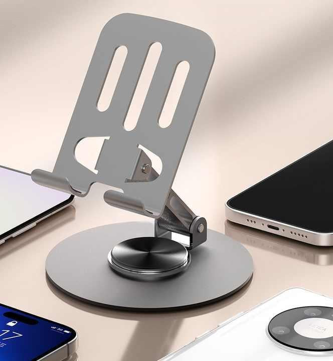 ZY034 Adjustable Desktop Mobile Phone Holder | Premium ABS Metal Biaxial Bracket Stand | 360 Degree Rotating Universal Table Mount - Grey