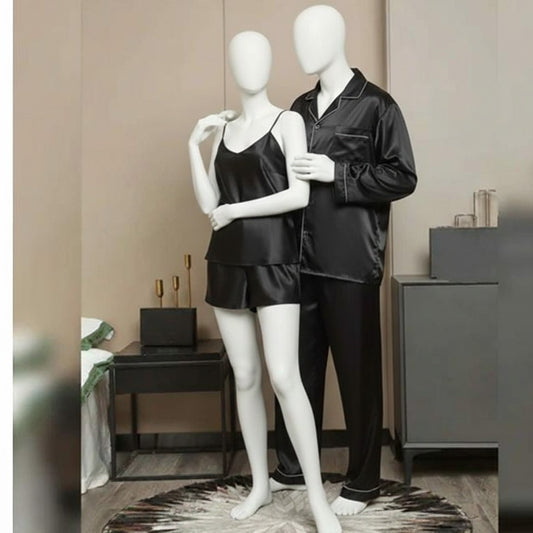 Premium Satin Silk Couple Night Suit Pajama / Short Set – Matching Luxury Nightwear for Men & Women (4 Pcs) | SKU: DC-C010 ~ Black