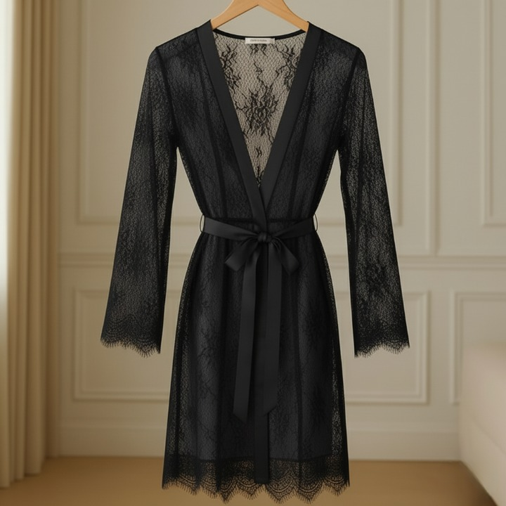 Single Pcs Women’s Net Transparent Sheer Lace Robe Gown – Long Sleeve Free-Size Nightwear With Satin Belt For Elegant And Stylish Comfort | DC-1051 (Black)