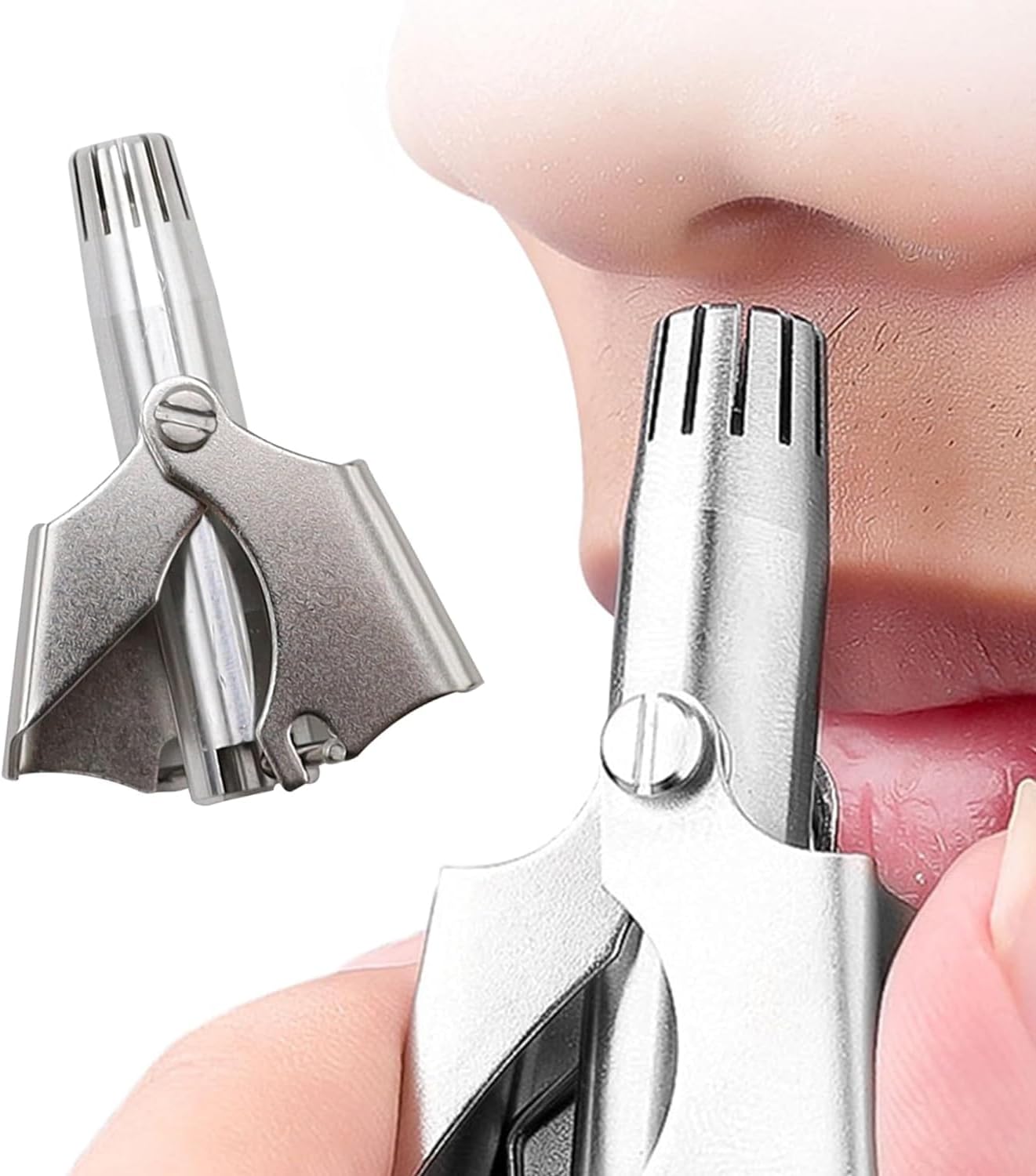 Stainless Steel Manual Nose Hair Trimmer – Portable 6-Teeth Precision Trimming Tool with Drawstring Bag and Brush