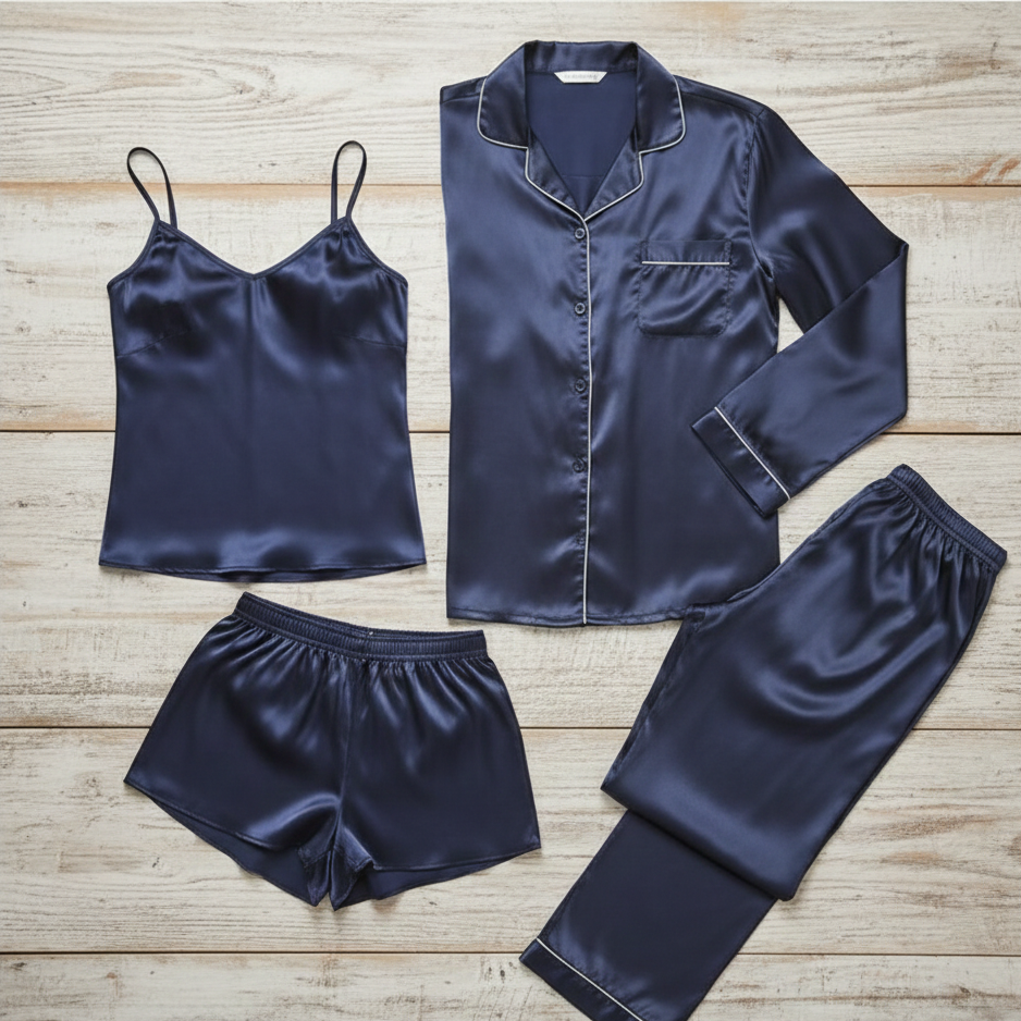 Premium Satin Silk Couple Night Suit Pajama / Short Set – Matching Luxury Nightwear for Men & Women (4 Pcs) | SKU: DC-C010 ~ Black