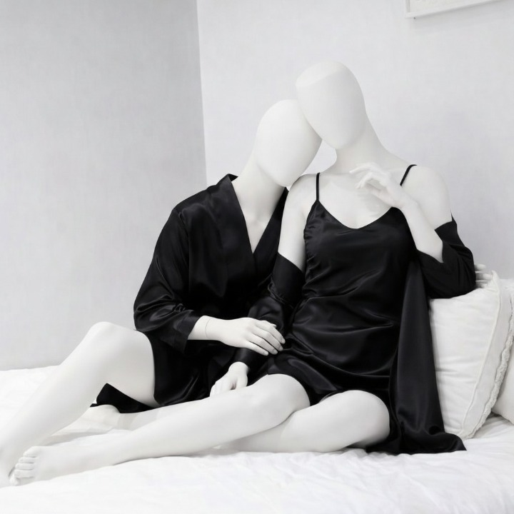 Premium Satin Silk Couple Gown Set (3 Pcs) – Elegant Matching Nightwear for Men & Women | Free Size | SKU: DC-C006 | Black