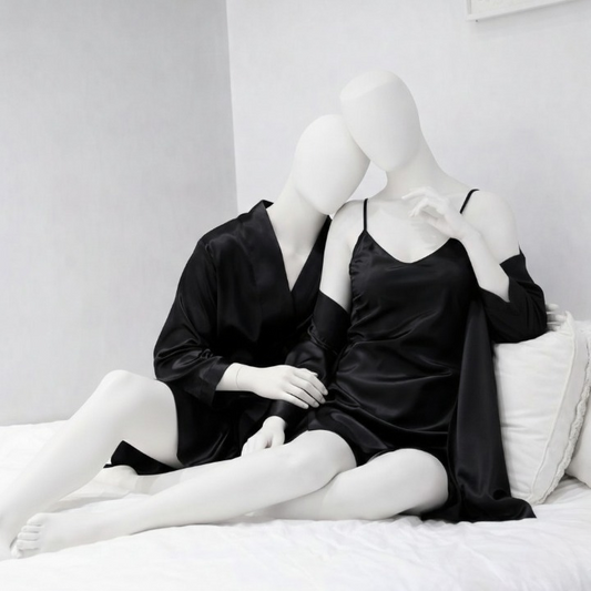 Premium Satin Silk Couple Gown Set (3 Pcs) – Elegant Matching Nightwear for Men & Women | Free Size | SKU: DC-C006 | Black