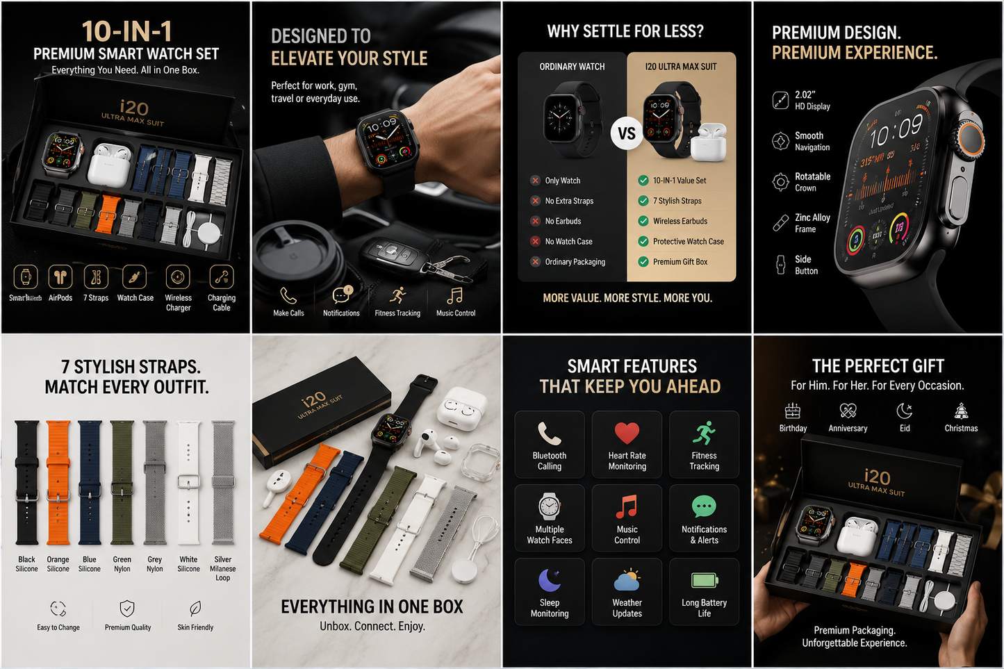 I20 Ultra Max Suit 10 In 1 Smart Watch With Airpods - Black