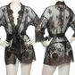Single Pcs Women’s Net Transparent Sheer Lace Robe Gown – Long Sleeve Free-Size Nightwear With Satin Belt For Elegant And Stylish Comfort | DC-1051 (Black)