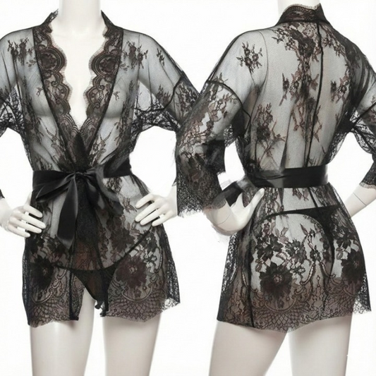 Single Pcs Women’s Net Transparent Sheer Lace Robe Gown – Long Sleeve Free-Size Nightwear With Satin Belt For Elegant And Stylish Comfort | DC-1051 (Black)
