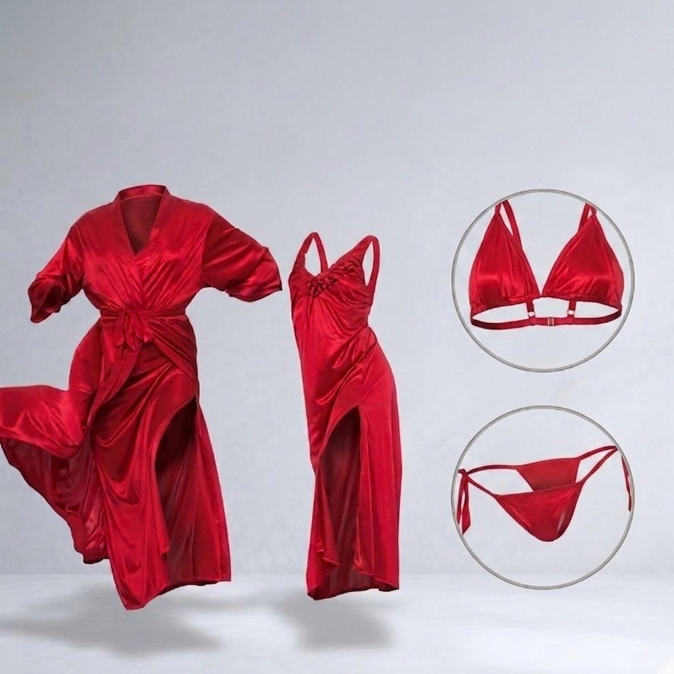 Burgundy Silk Satin 4-Piece Lingerie & Nightwear Set for Women – Luxury Soft Satin Sleepwear, Free Size Sku R005B (black)