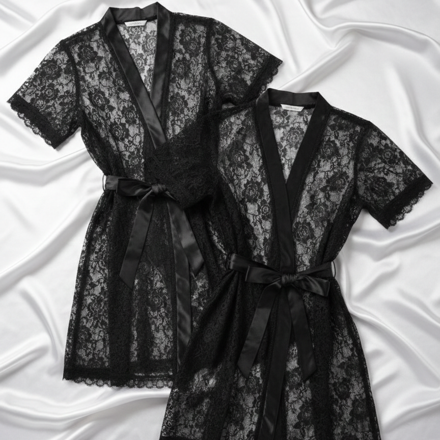 Couple Matching Romantic Robe / Gown Set – Sensual Net Nightwear for Men & Women (Pack of 2) | SKU: DC-C004 | Black