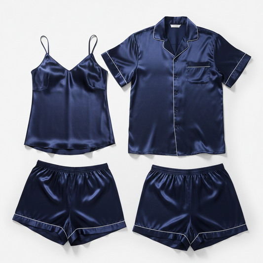 Couple Night Dress / Night Suit / Silk Sleepwear Set – 4-Piece Camisole & Shirt with Shorts | DC-C015 Black