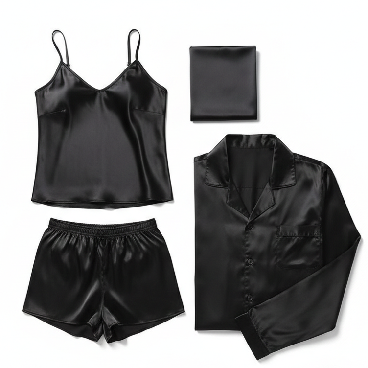 Premium Satin Silk Couple Night Suit Pajama / Short Set – Matching Luxury Nightwear for Men & Women (4 Pcs) | SKU: DC-C010 ~ Black