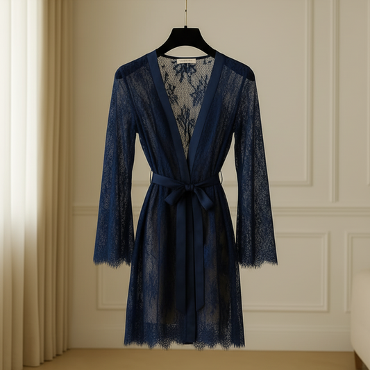 Single Pcs Women’s Net Transparent Sheer Lace Robe Gown – Long Sleeve Free-Size Nightwear With Satin Belt For Elegant And Stylish Comfort | DC-1051 (Black)