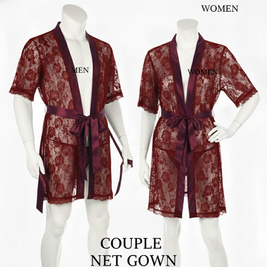 Couple Matching Romantic Robe / Gown Set – Sensual Net Nightwear for Men & Women (Pack of 2) | SKU: DC-C004 | Black