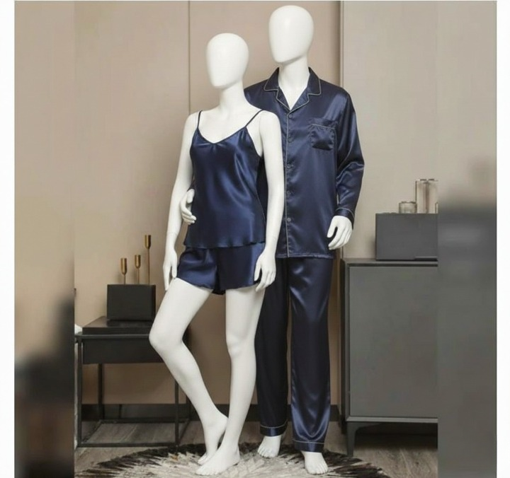 Premium Satin Silk Couple Night Suit Pajama / Short Set – Matching Luxury Nightwear for Men & Women (4 Pcs) | SKU: DC-C010 ~ Black