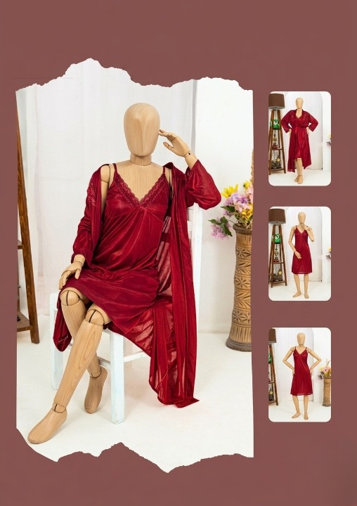 Premium Silk 2-Piece Bridal Nightwear Set - Elegant Lace Embroidery Sleepwear Free Size Sku:R-017 - Black