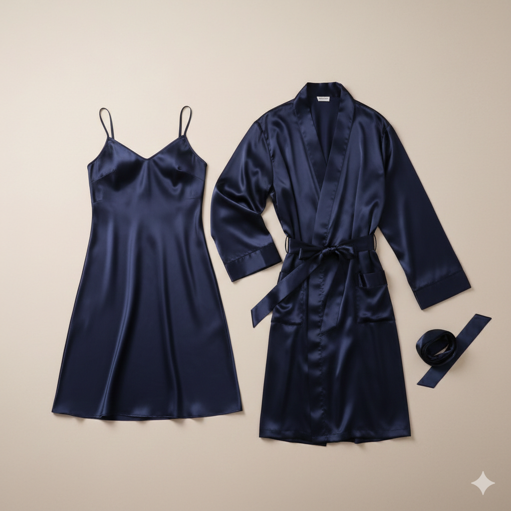 Premium Satin Silk Couple Gown Set (3 Pcs) – Elegant Matching Nightwear for Men & Women | Free Size | SKU: DC-C006 | Black