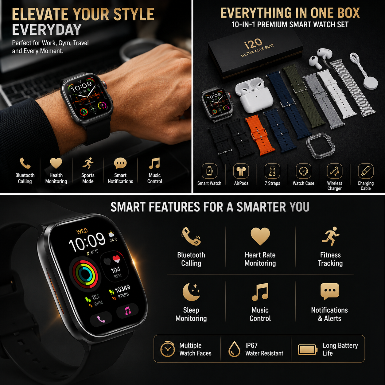 I20 Ultra Max Suit 10 In 1 Smart Watch With Airpods - Black