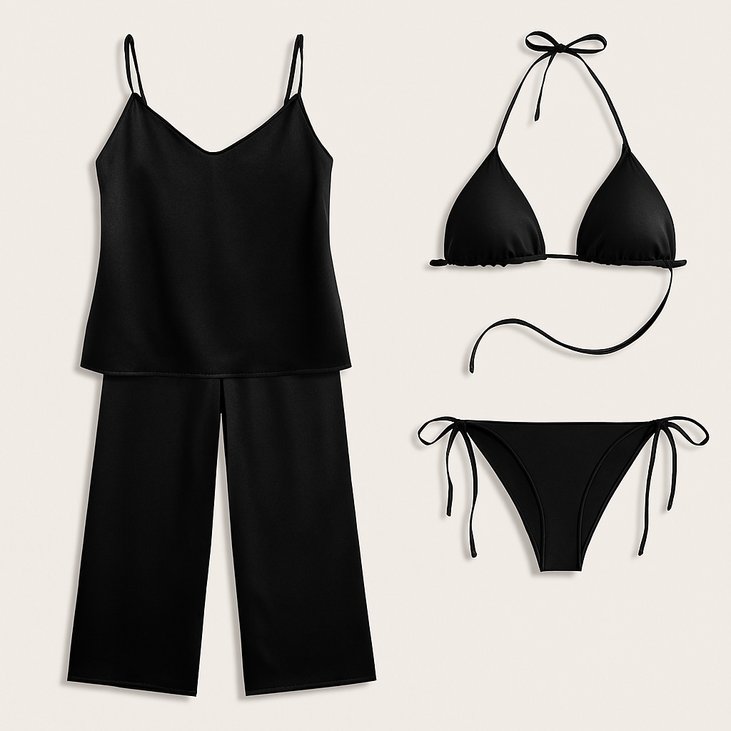 Satin Silk Camisole & Pajama with Bikini Set – Dual Style Nightwear for Women (Black)