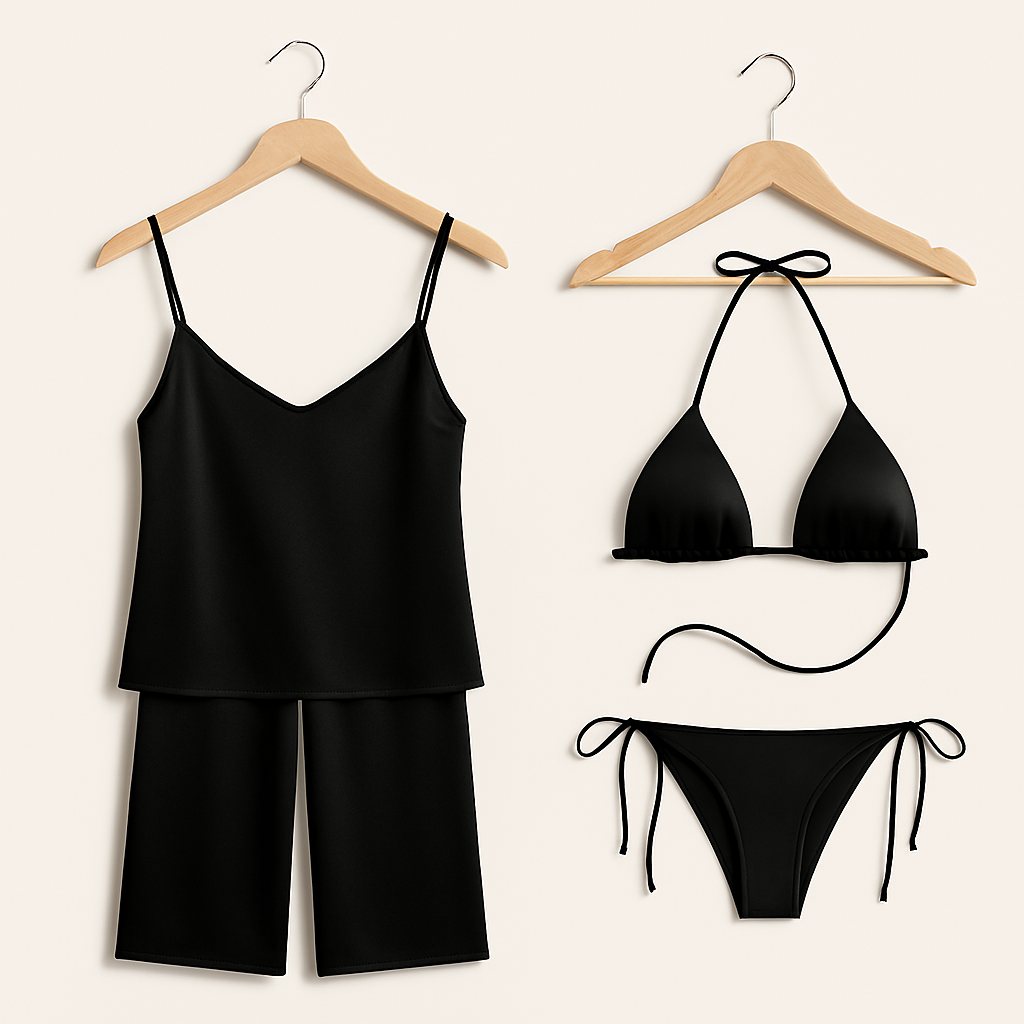Satin Silk Camisole & Pajama with Bikini Set – Dual Style Nightwear for Women (Black)