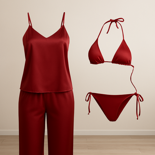 Satin Silk Camisole & Pajama with Bikini Set – Dual Style Nightwear for Women (Black)