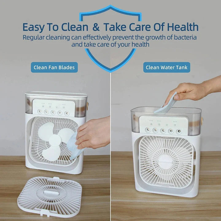 Portable Air Conditioner Fan USB Electric Fan with LED Night Light, Fine Mist Water, and Humidifier Function | Led Night Light Water Mist - 10 inch Big Size (Random Color) ~ Rechargeable