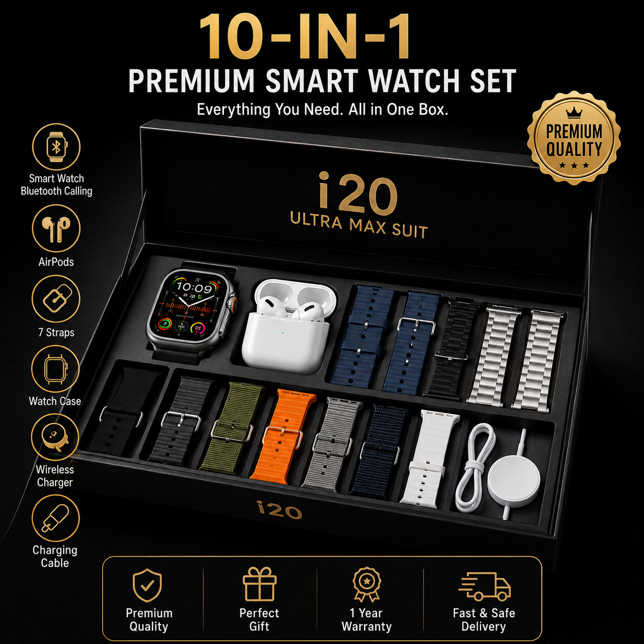 I20 Ultra Max Suit 10 In 1 Smart Watch With Airpods - Black