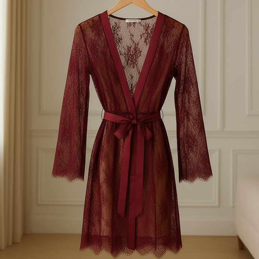 Single Pcs Women’s Net Transparent Sheer Lace Robe Gown – Long Sleeve Free-Size Nightwear With Satin Belt For Elegant And Stylish Comfort | DC-1051 (Black)