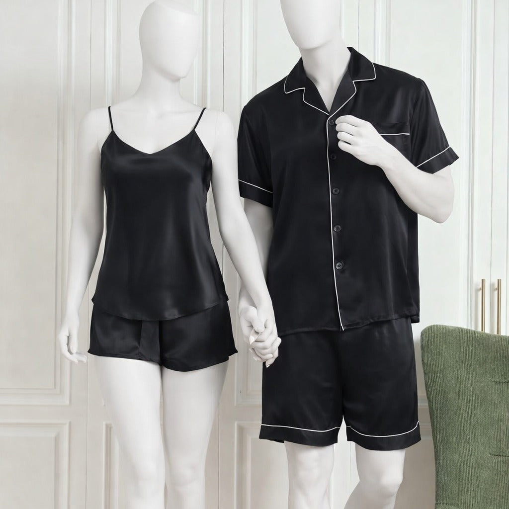 Couple Night Dress / Night Suit / Silk Sleepwear Set – 4-Piece Camisole & Shirt with Shorts | DC-C015 Black
