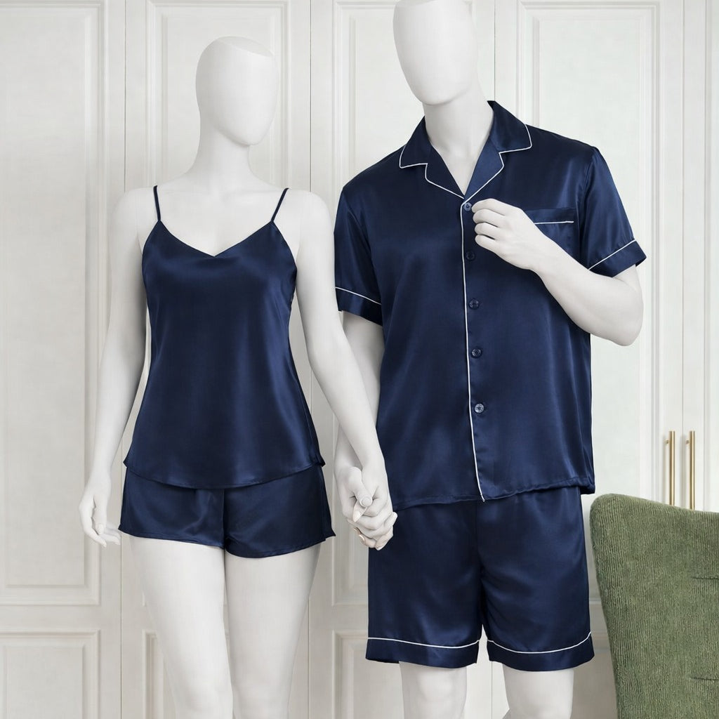 Couple Night Dress / Night Suit / Silk Sleepwear Set – 4-Piece Camisole & Shirt with Shorts | DC-C015 Black