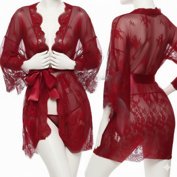 Single Pcs Women’s Net Transparent Sheer Lace Robe Gown – Long Sleeve Free-Size Nightwear With Satin Belt For Elegant And Stylish Comfort | DC-1051 (Black)