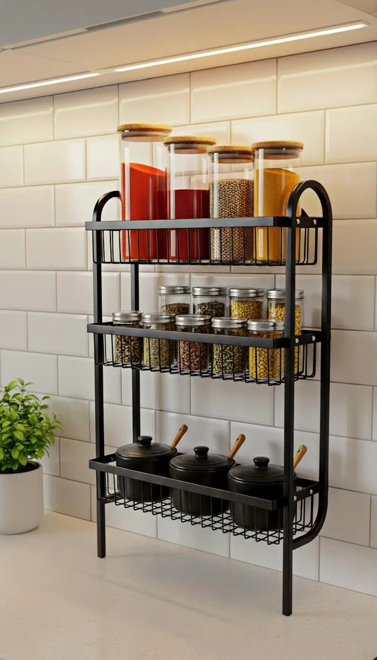 Wall Mounted Spice Rack Black Stainless Steel 3 Tier – DIY Assembly Required (Self Assemble)