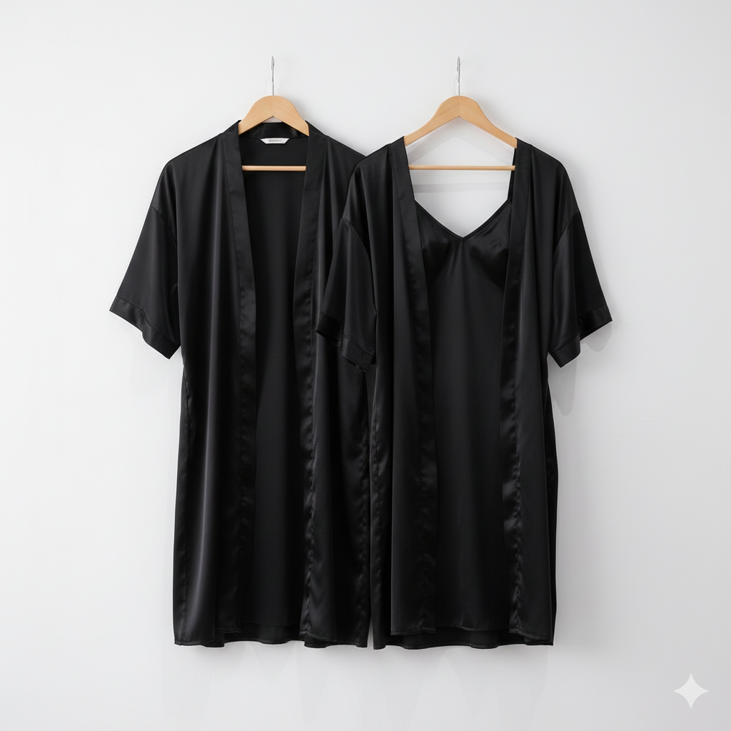Premium Satin Silk Couple Gown Set (3 Pcs) – Elegant Matching Nightwear for Men & Women | Free Size | SKU: DC-C006 | Black