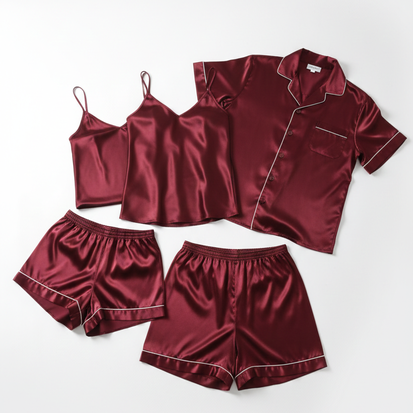 Couple Night Dress / Night Suit / Silk Sleepwear Set – 4-Piece Camisole & Shirt with Shorts | DC-C015 Black