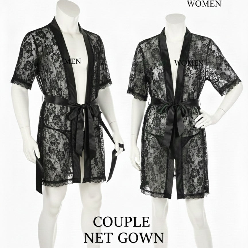 Couple Matching Romantic Robe / Gown Set – Sensual Net Nightwear for Men & Women (Pack of 2) | SKU: DC-C004 | Black