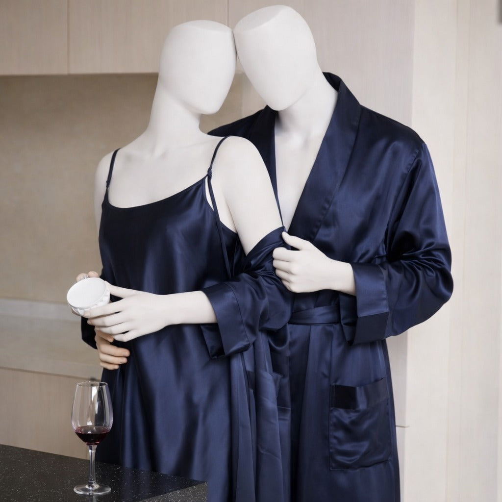 Premium Satin Silk Couple Gown Set (3 Pcs) – Elegant Matching Nightwear for Men & Women | Free Size | SKU: DC-C006 | Black