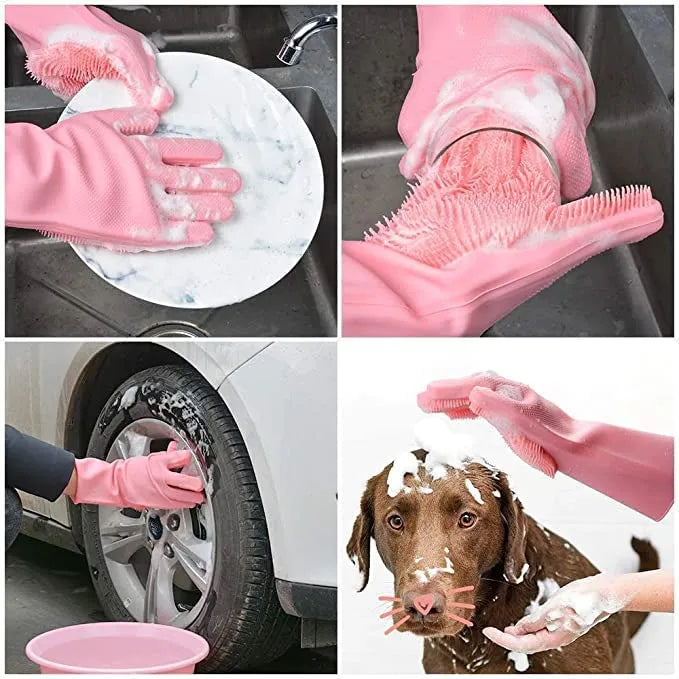 Silicone Washing Full Finger Gloves - For Home (Random Colors)