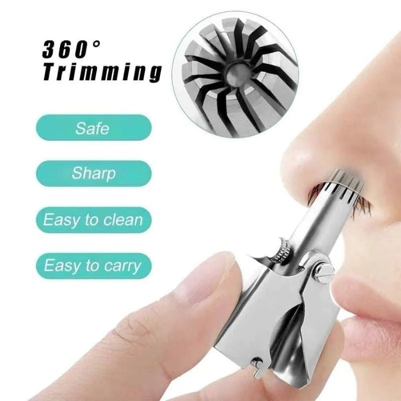 Stainless Steel Manual Nose Hair Trimmer – Portable 6-Teeth Precision Trimming Tool with Drawstring Bag and Brush