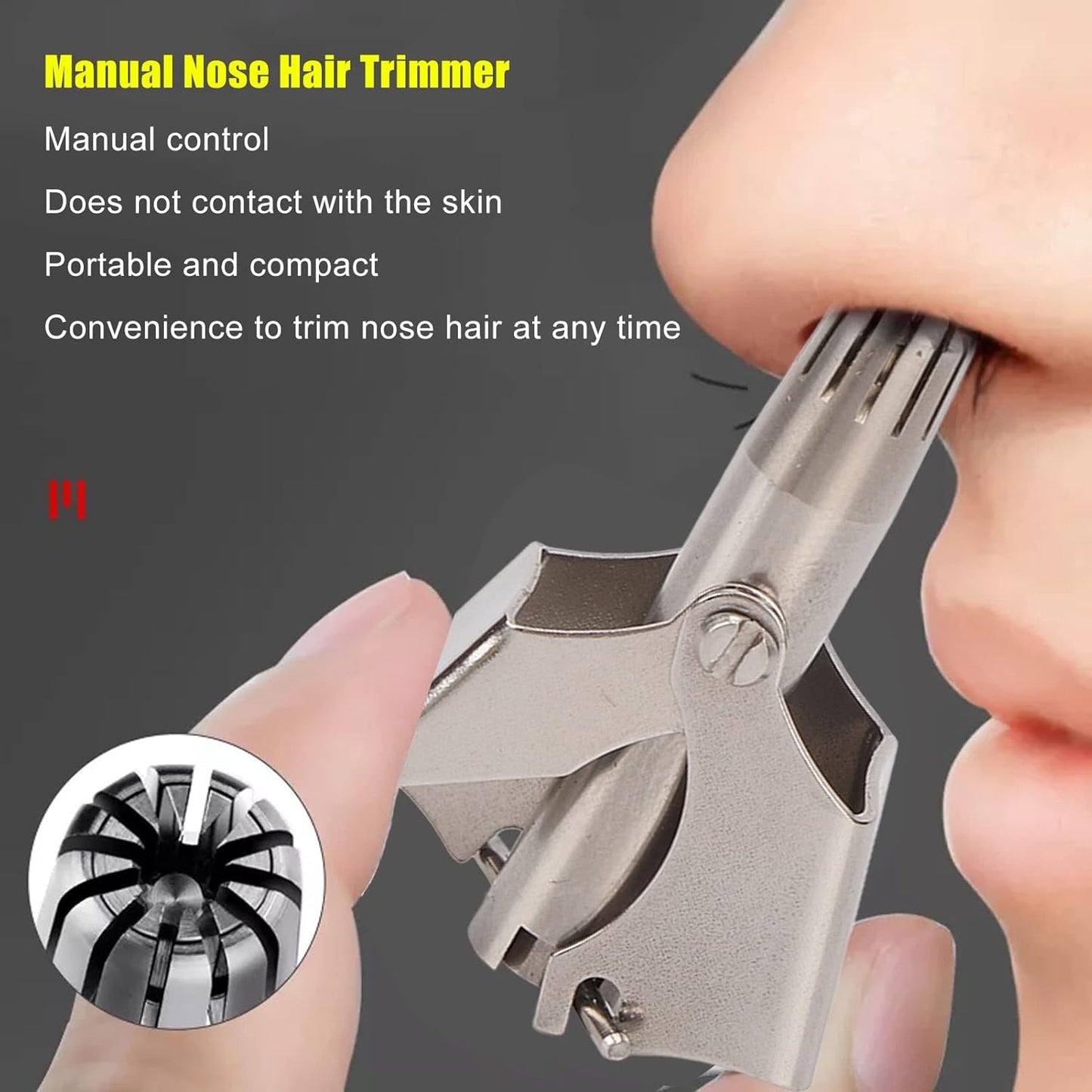 Stainless Steel Manual Nose Hair Trimmer – Portable 6-Teeth Precision Trimming Tool with Drawstring Bag and Brush